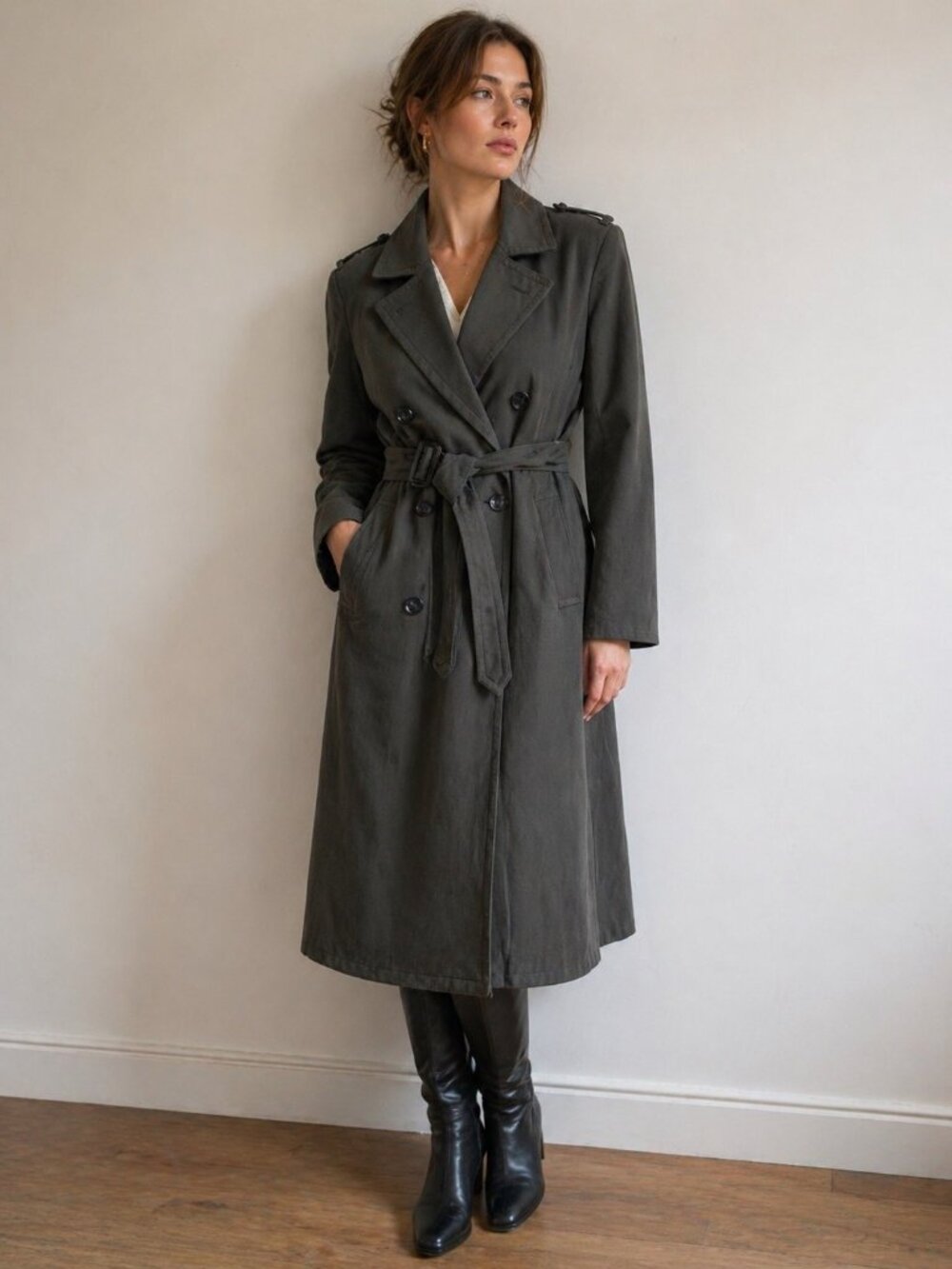VTG 80s West Germany Womens Wool Trench Coat Grey  Belted Winter Size XS/S